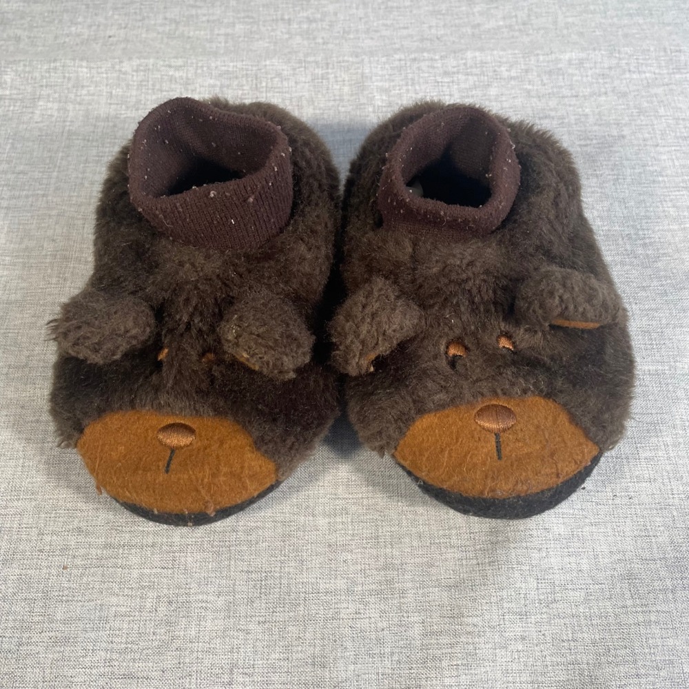 LL Bean Toddler Bear Slippers Size 7-8 Brown Fuzzy Warm Cozy - Picture 2 of 9